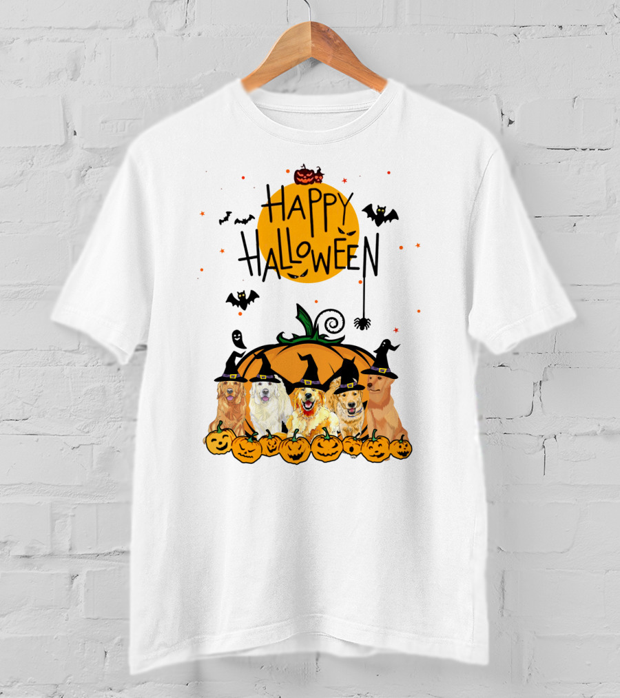 Happy Halloween Golden Retrievers In Witch Hats With Pumpkins T-Shirt
