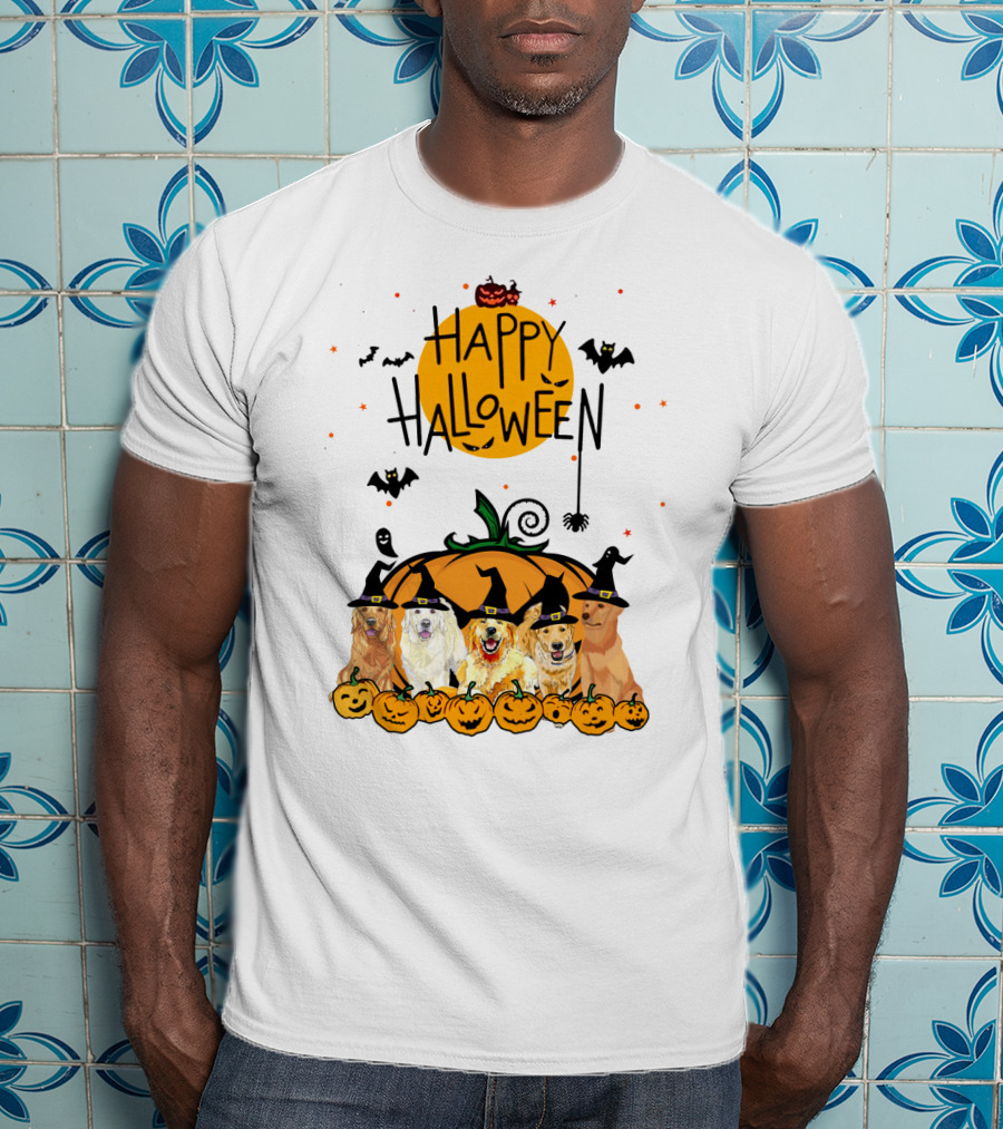Happy Halloween Golden Retrievers In Witch Hats With Pumpkins T-Shirt