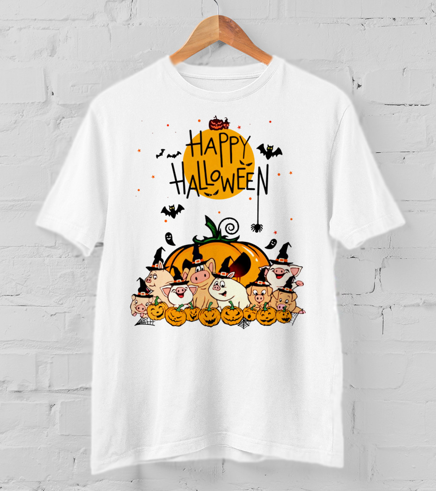 Happy Halloween Pig Pals With Pumpkins And Bats T-Shirt