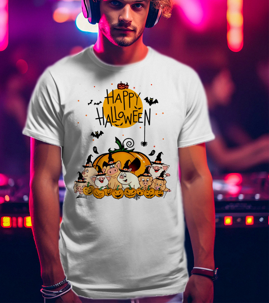 Happy Halloween Pig Pals With Pumpkins And Bats T-Shirt