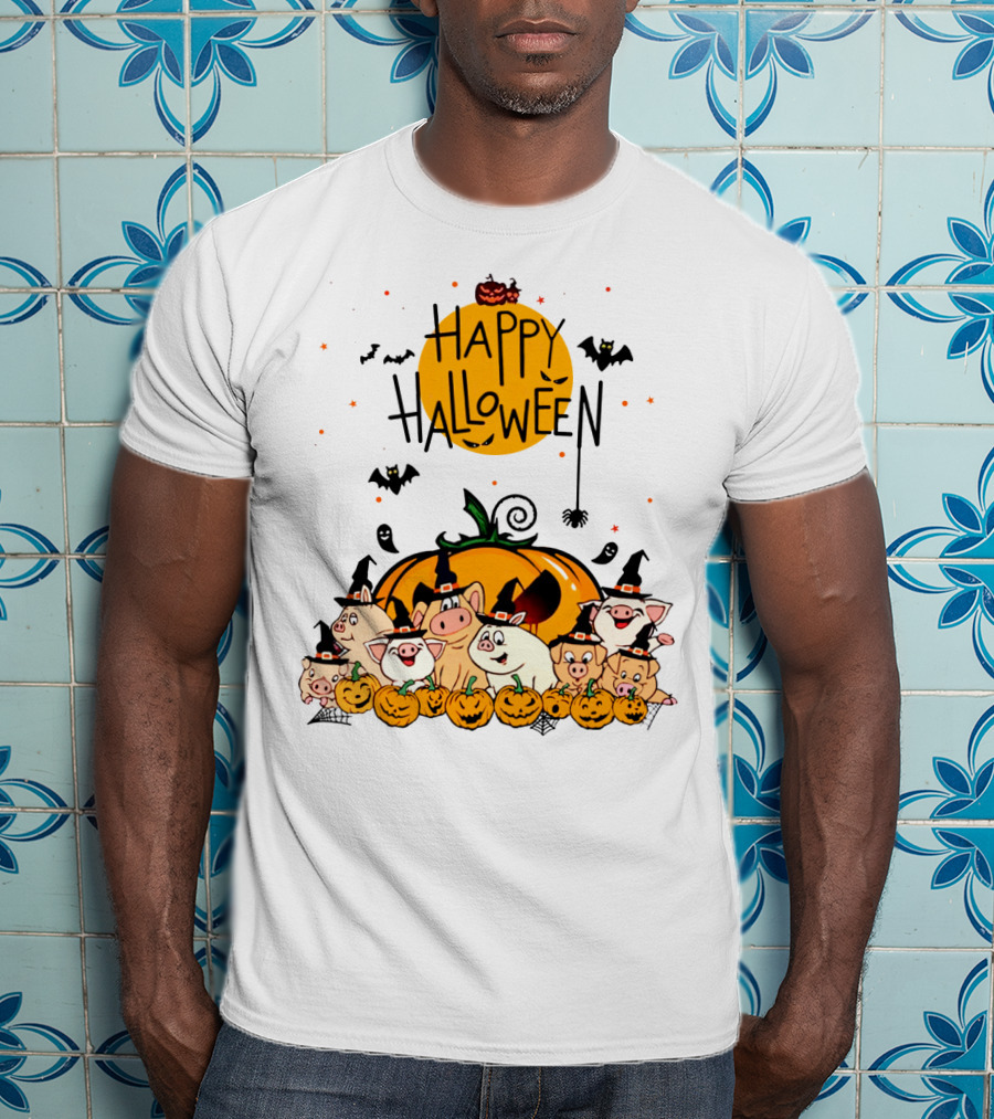Happy Halloween Pig Pals With Pumpkins And Bats T-Shirt