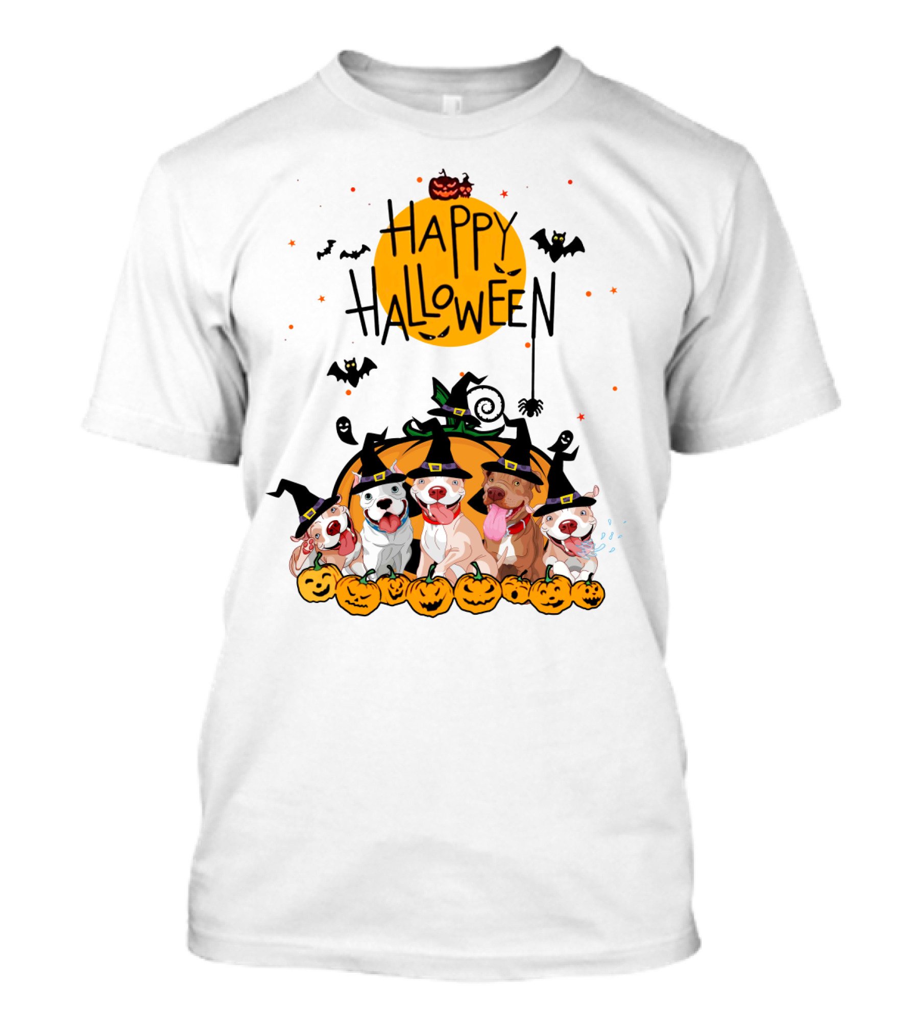 Happy Halloween Pitbulls Witch Hats Pumpkins Bats Ghosts Moon Spooky Dog T-Shirt