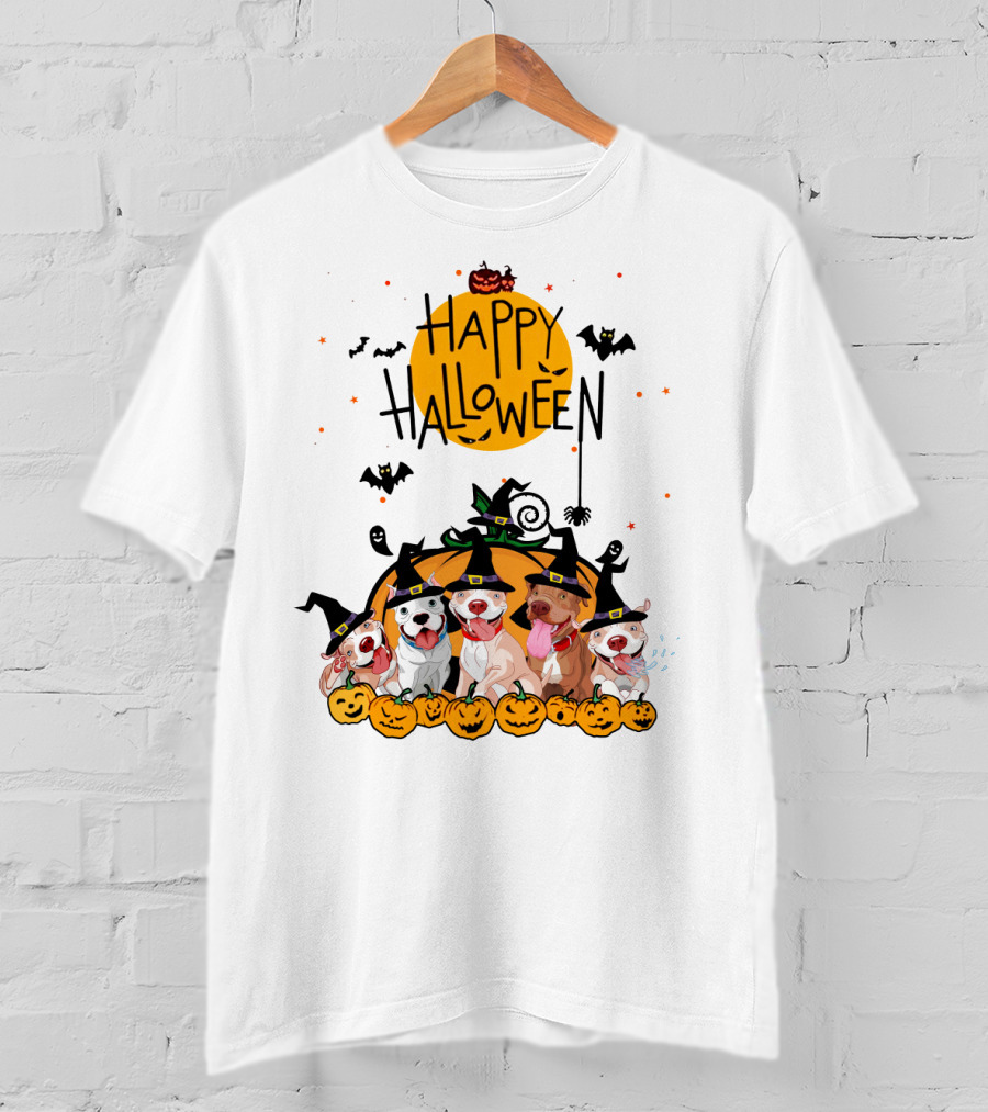 Happy Halloween Pitbulls Witch Hats Pumpkins Bats Ghosts Moon Spooky Dog T-Shirt