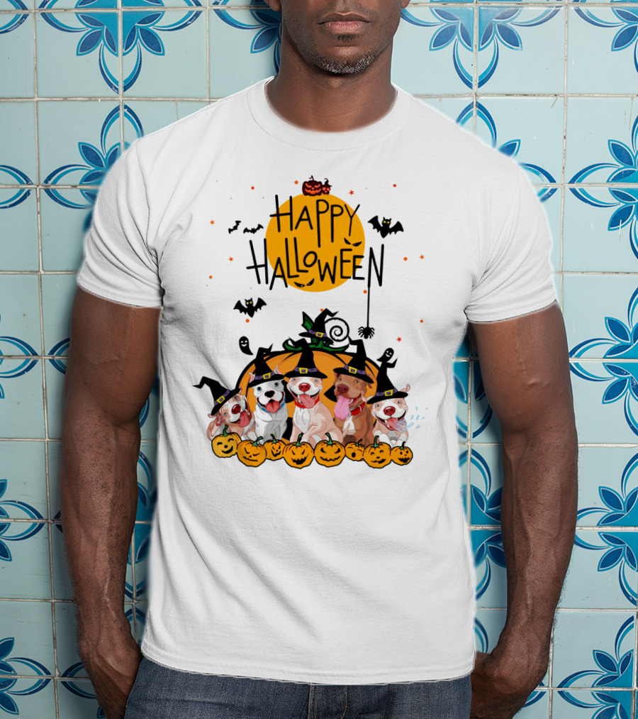 Happy Halloween Pitbulls Witch Hats Pumpkins Bats Ghosts Moon Spooky Dog T-Shirt