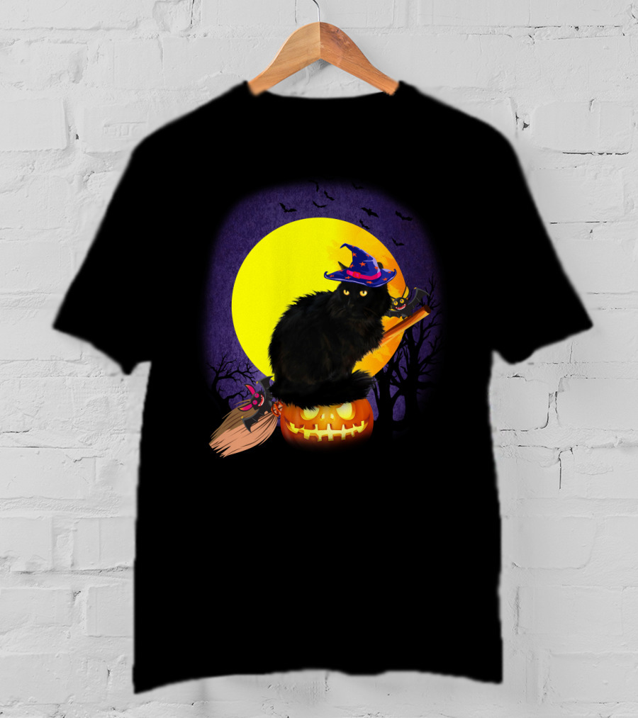 Halloween Cat With Witch Hat On Pumpkin And Broomstick T-Shirt