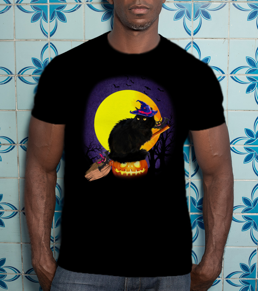 Halloween Cat With Witch Hat On Pumpkin And Broomstick T-Shirt