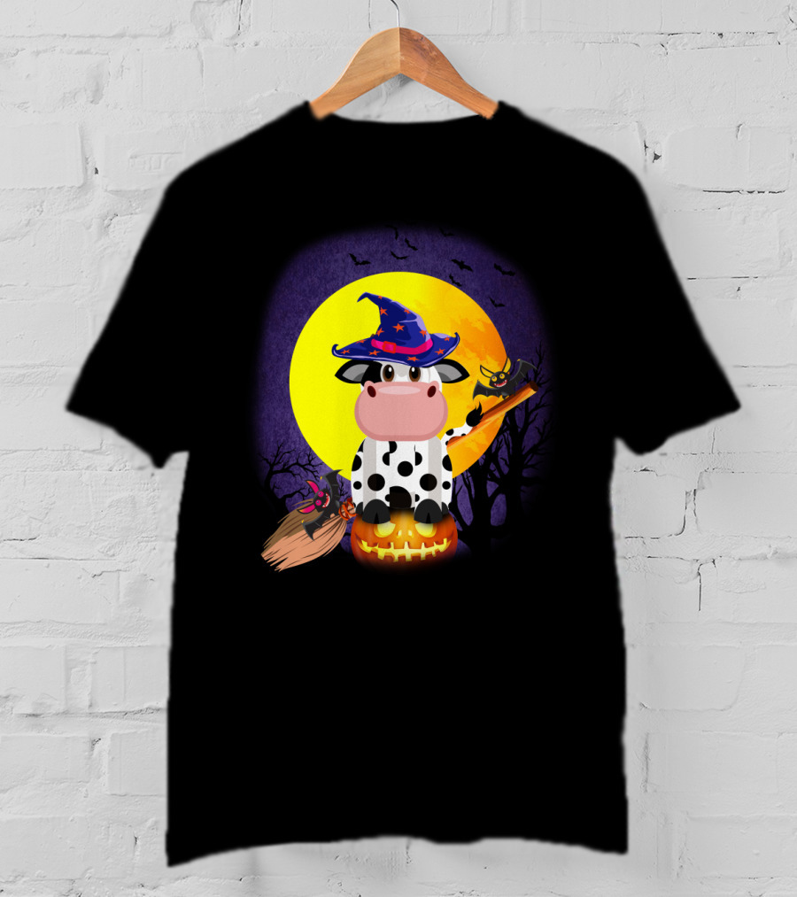 Cow Witch Spooky Halloween Full Moon Scene With Pumpkin And Broomstick T-Shirt