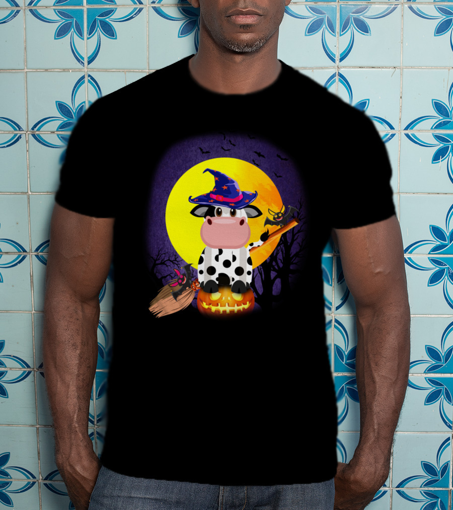 Cow Witch Spooky Halloween Full Moon Scene With Pumpkin And Broomstick T-Shirt