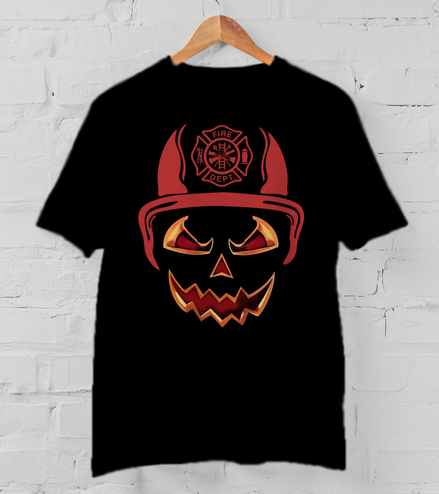 Fire Dept Firefighter Pumpkin Halloween Face T-Shirt