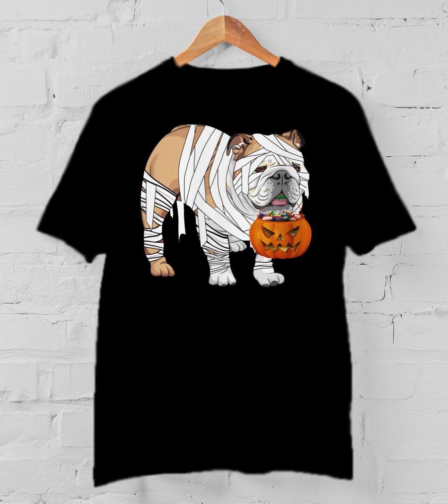 Halloween Bulldog Wrapped As Mummy Holding Pumpkin Candy Bucket T-Shirt