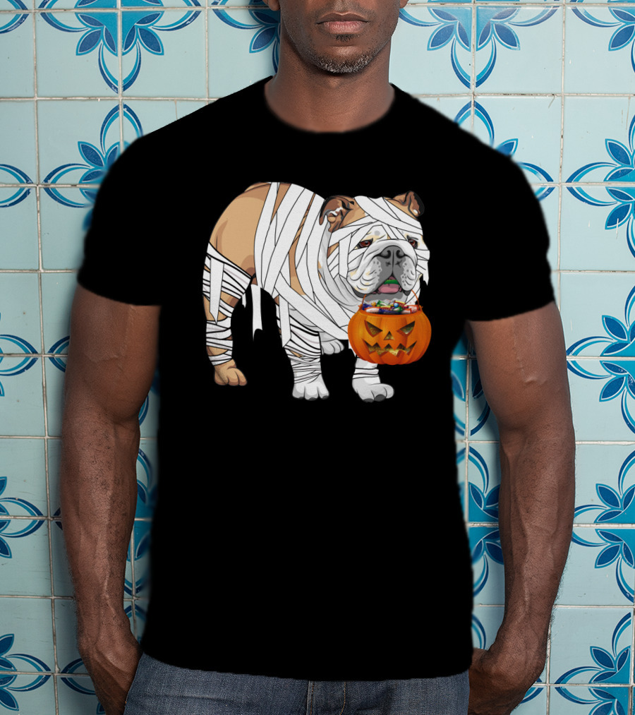 Halloween Bulldog Wrapped As Mummy Holding Pumpkin Candy Bucket T-Shirt