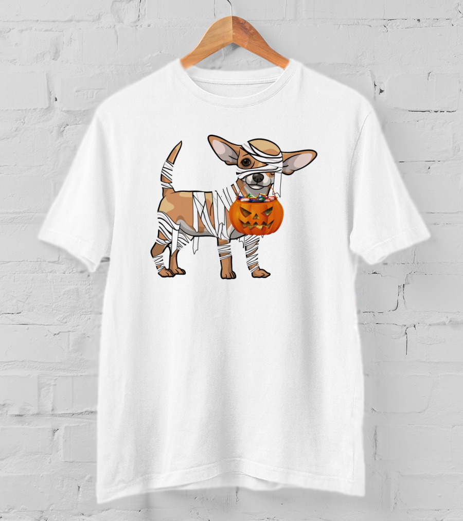 Halloween Wrapped Chihuahua With Pumpkin Bucket T-Shirt