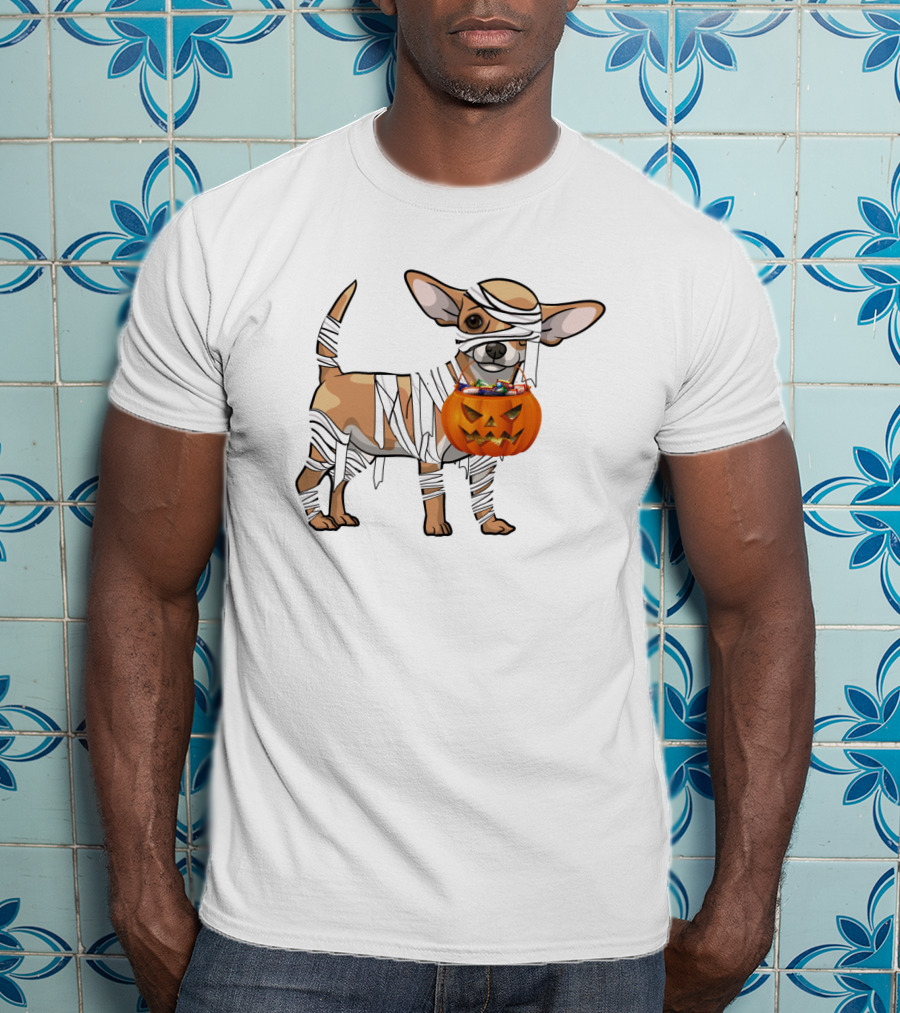 Halloween Wrapped Chihuahua With Pumpkin Bucket T-Shirt