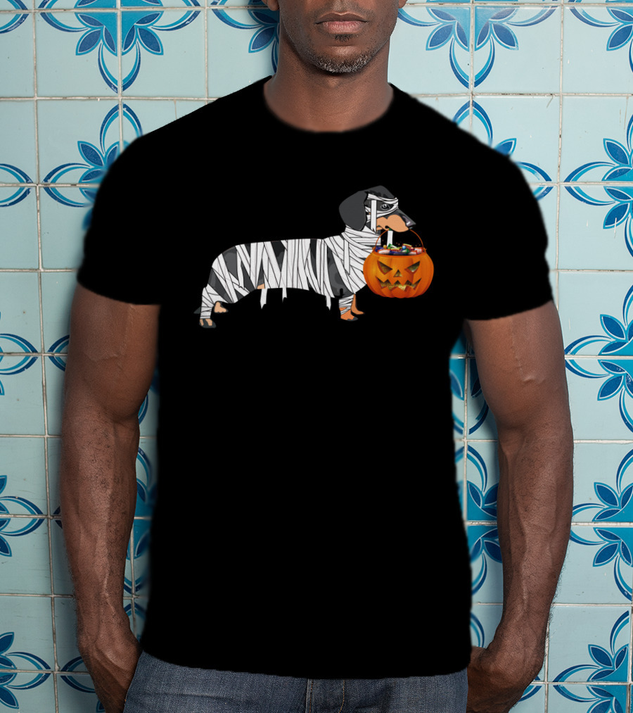 Halloween Pumpkin Mummy Dachshund With Trick-or-Treat Jack-o'-Lantern T-Shirt