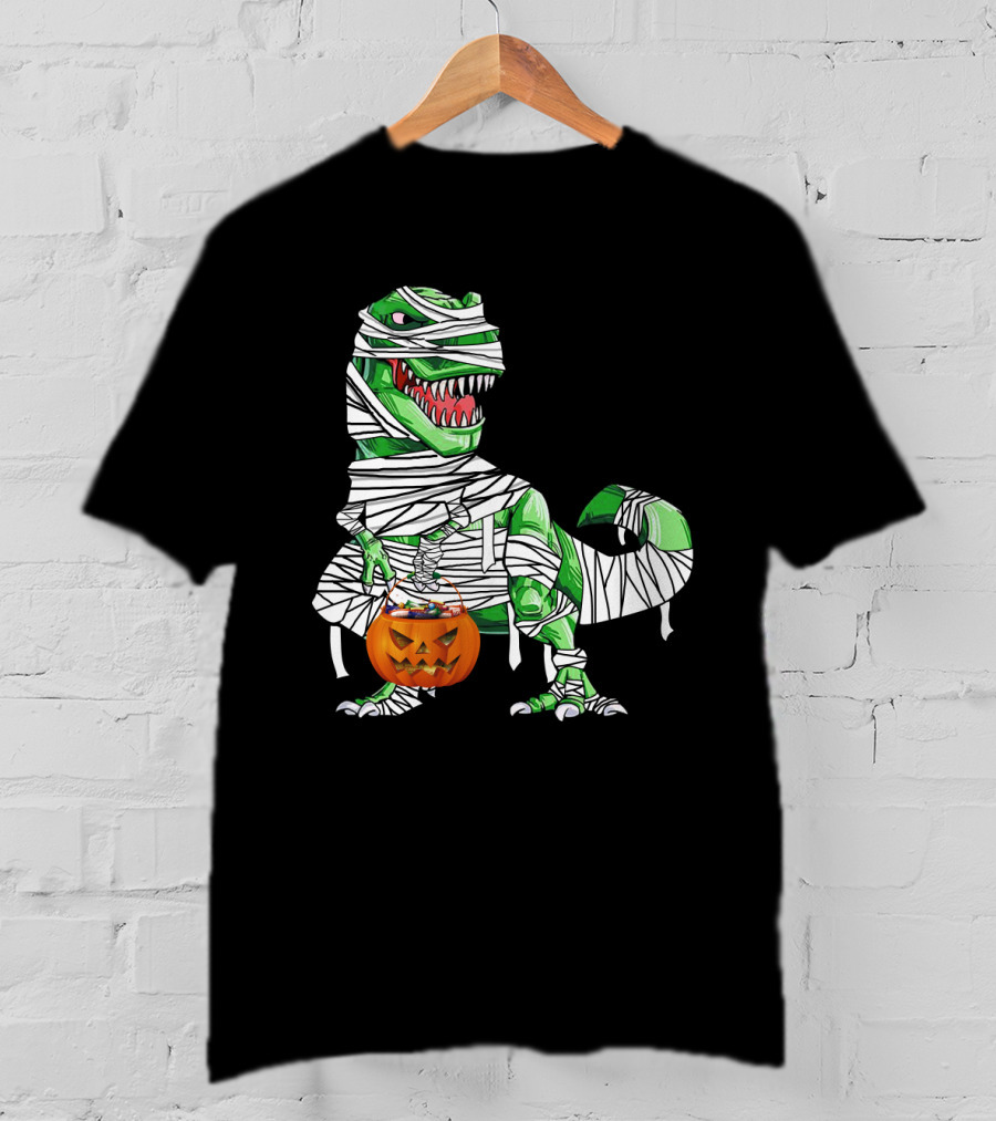 Halloween Pumpkin Mummy Dinosaur With Candy Bucket T-Shirt