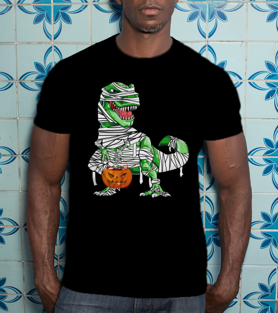 Halloween Pumpkin Mummy Dinosaur With Candy Bucket T-Shirt