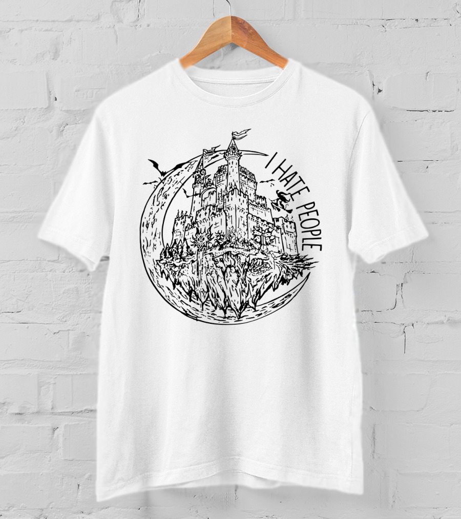 I Hate People Haunted Halloween Castle With Crescent Moon And Flying Bats T-Shirt