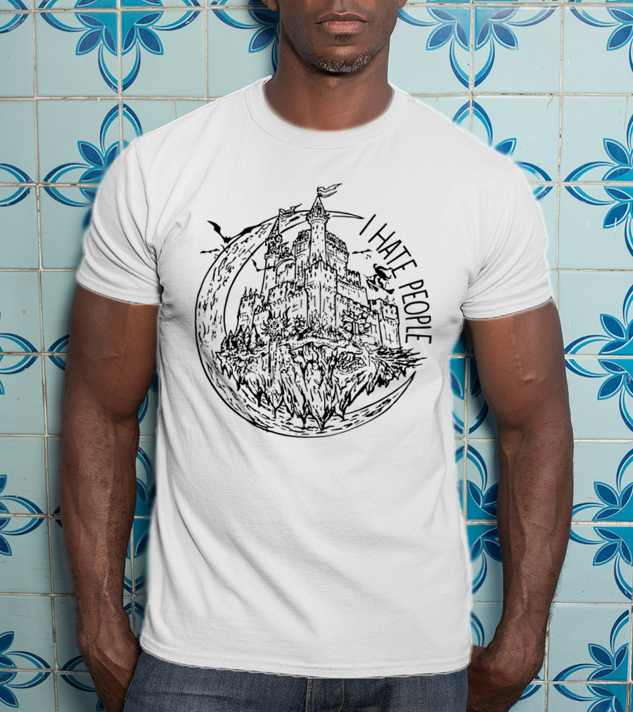 I Hate People Haunted Halloween Castle With Crescent Moon And Flying Bats T-Shirt
