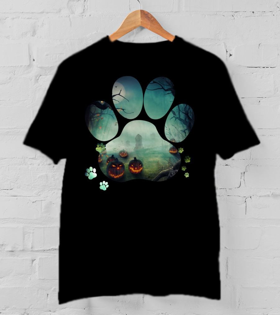 Halloween Paw Print With Spooky Jack-O-Lanterns In Haunted Forest T-Shirt