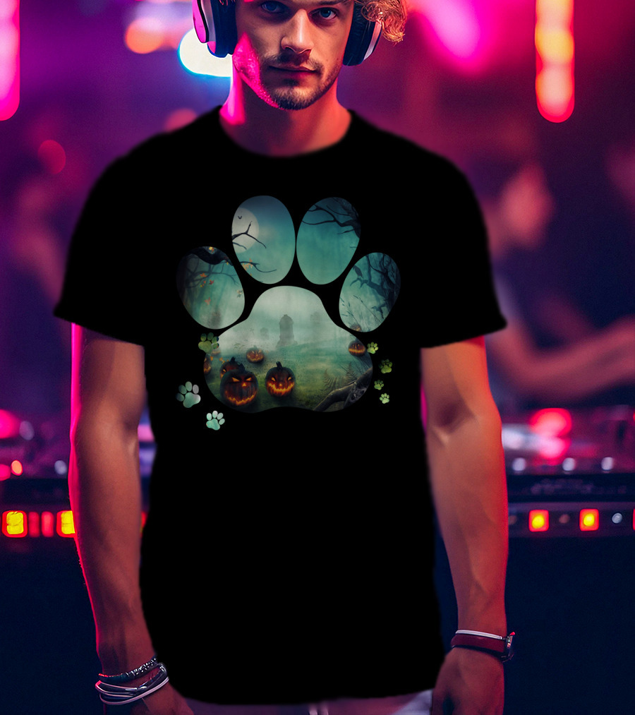 Halloween Paw Print With Spooky Jack-O-Lanterns In Haunted Forest T-Shirt
