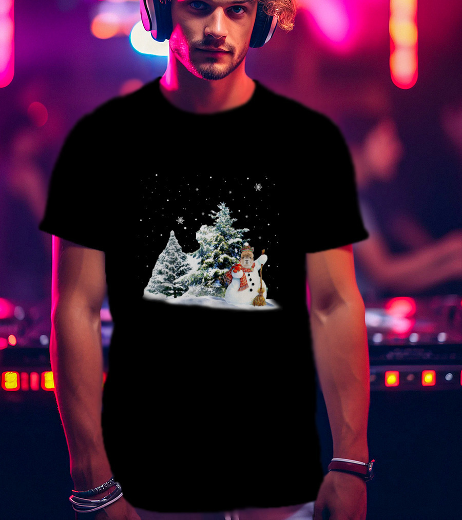 Alpaca Snowman In Winter Forest With Falling Snowflakes T-Shirt