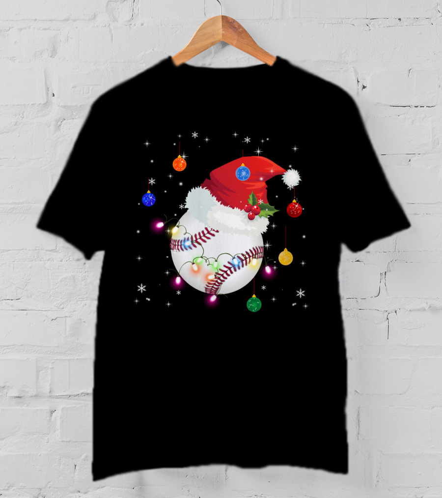 Santa Hat Baseball Christmas Ornaments Holiday Lights Snowflakes T-Shirt