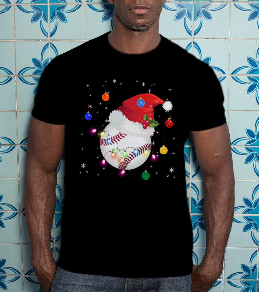 Santa Hat Baseball Christmas Ornaments Holiday Lights Snowflakes T-Shirt