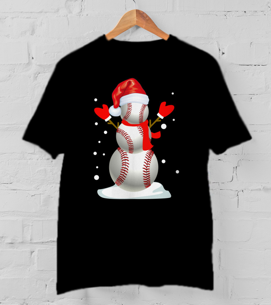 Baseball-Themed Snowman With Santa Hat And Mittens Winter Holiday T-Shirt