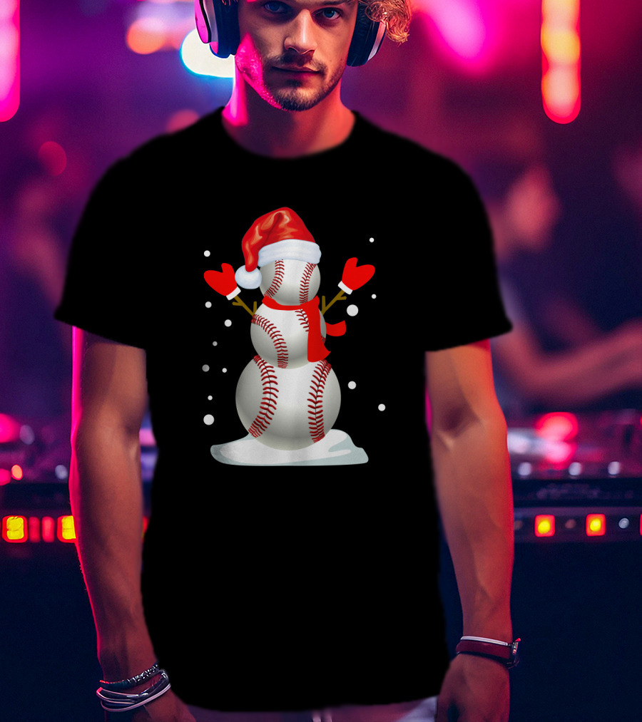 Baseball-Themed Snowman With Santa Hat And Mittens Winter Holiday T-Shirt