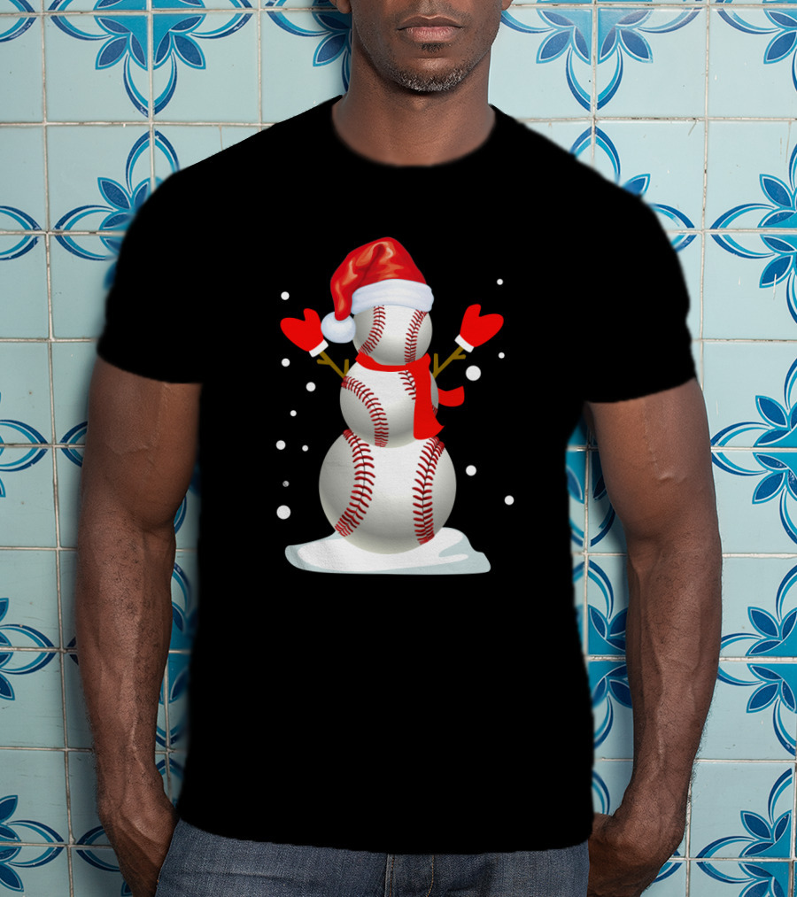 Baseball-Themed Snowman With Santa Hat And Mittens Winter Holiday T-Shirt