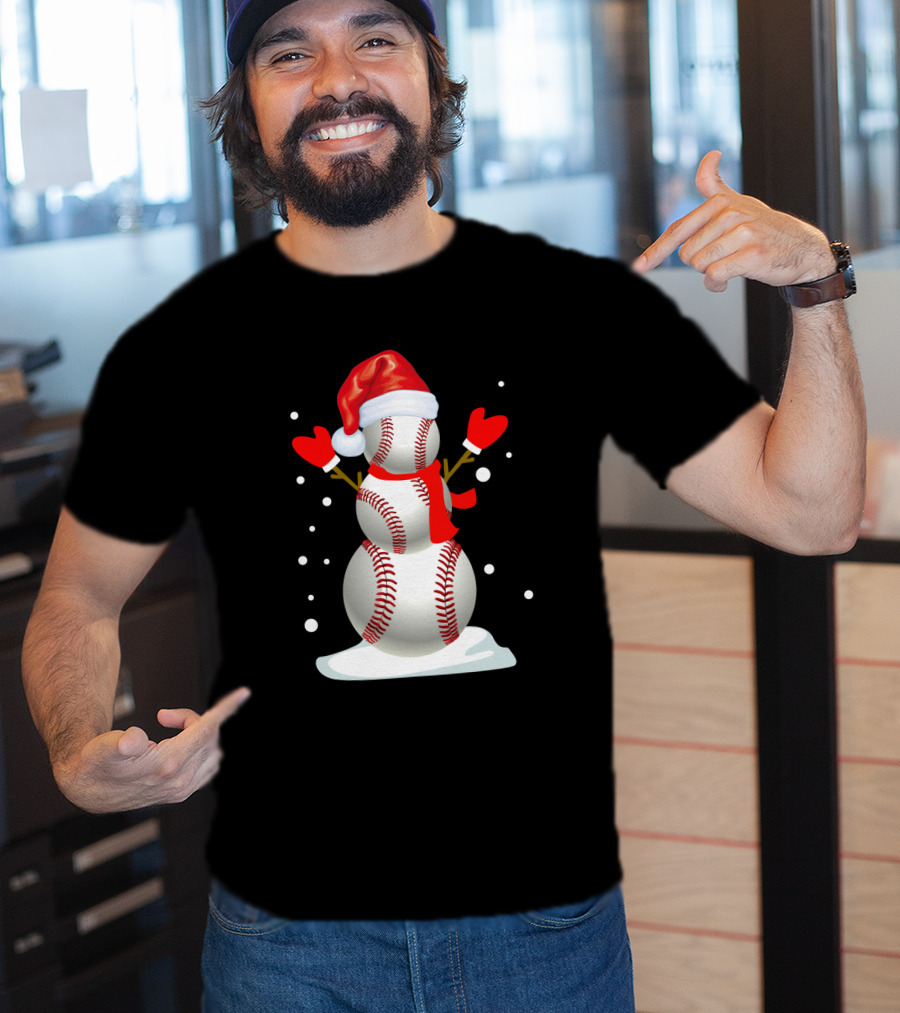 Baseball-Themed Snowman With Santa Hat And Mittens Winter Holiday T-Shirt