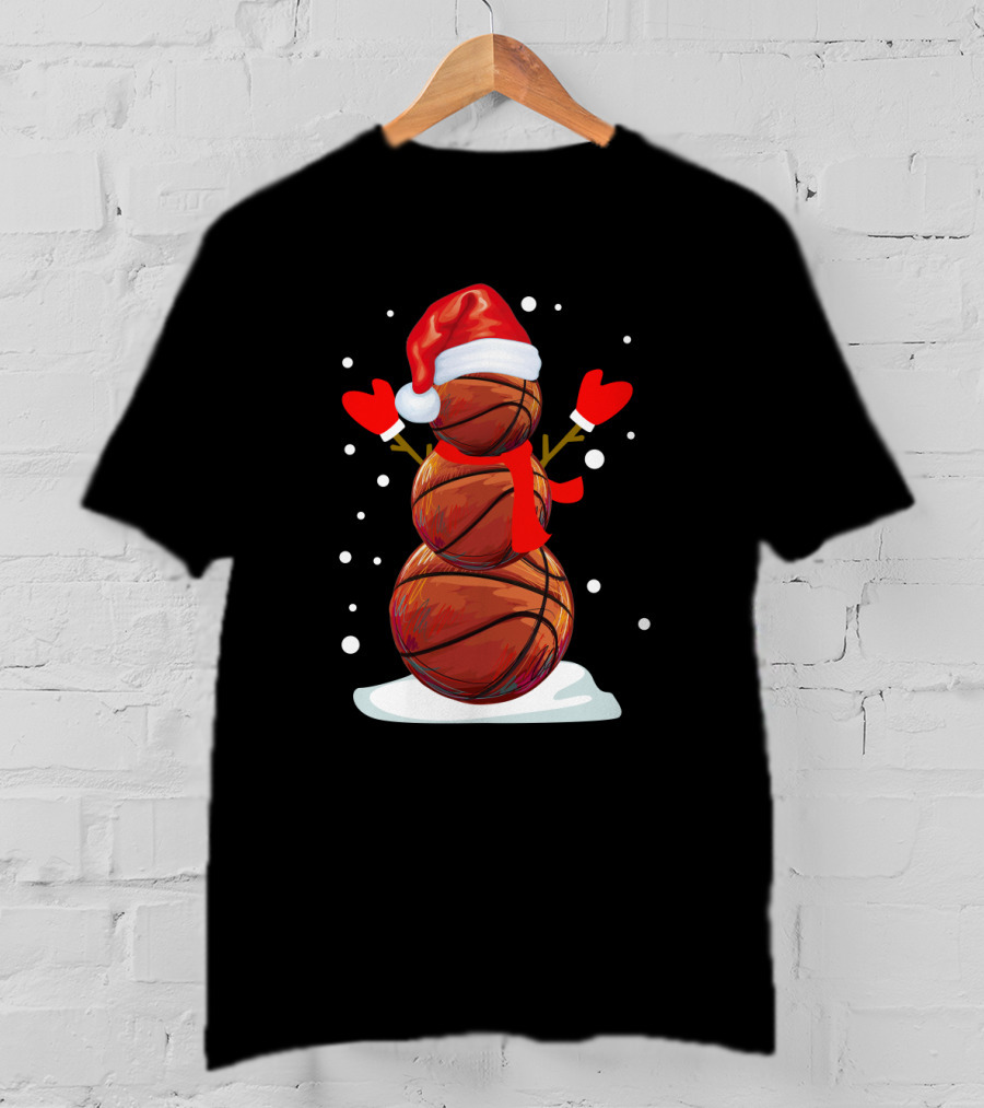 Basketball Snowman With Santa Hat And Red Mittens T-Shirt