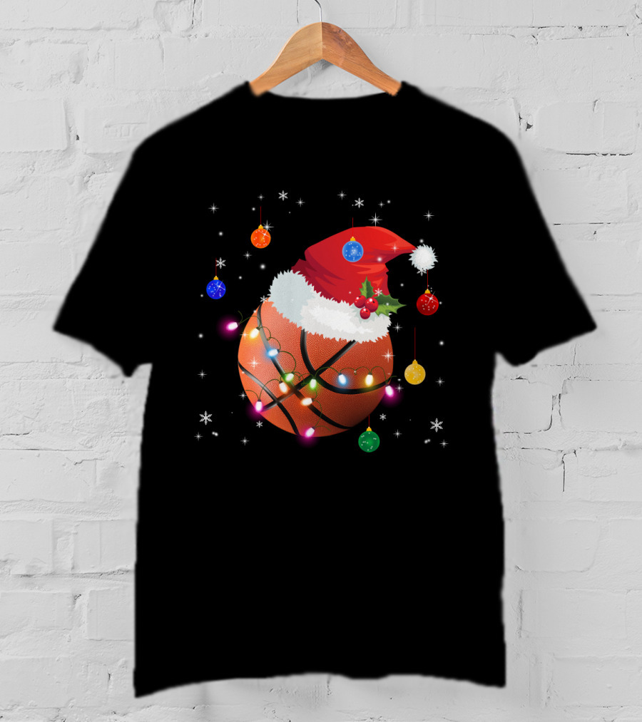 Santa Hat Basketball With Christmas Lights And Ornaments T-Shirt