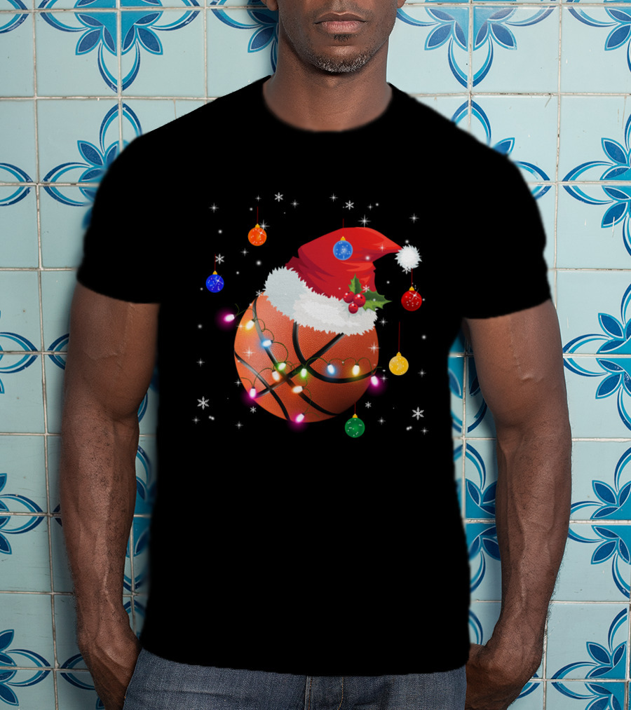Santa Hat Basketball With Christmas Lights And Ornaments T-Shirt