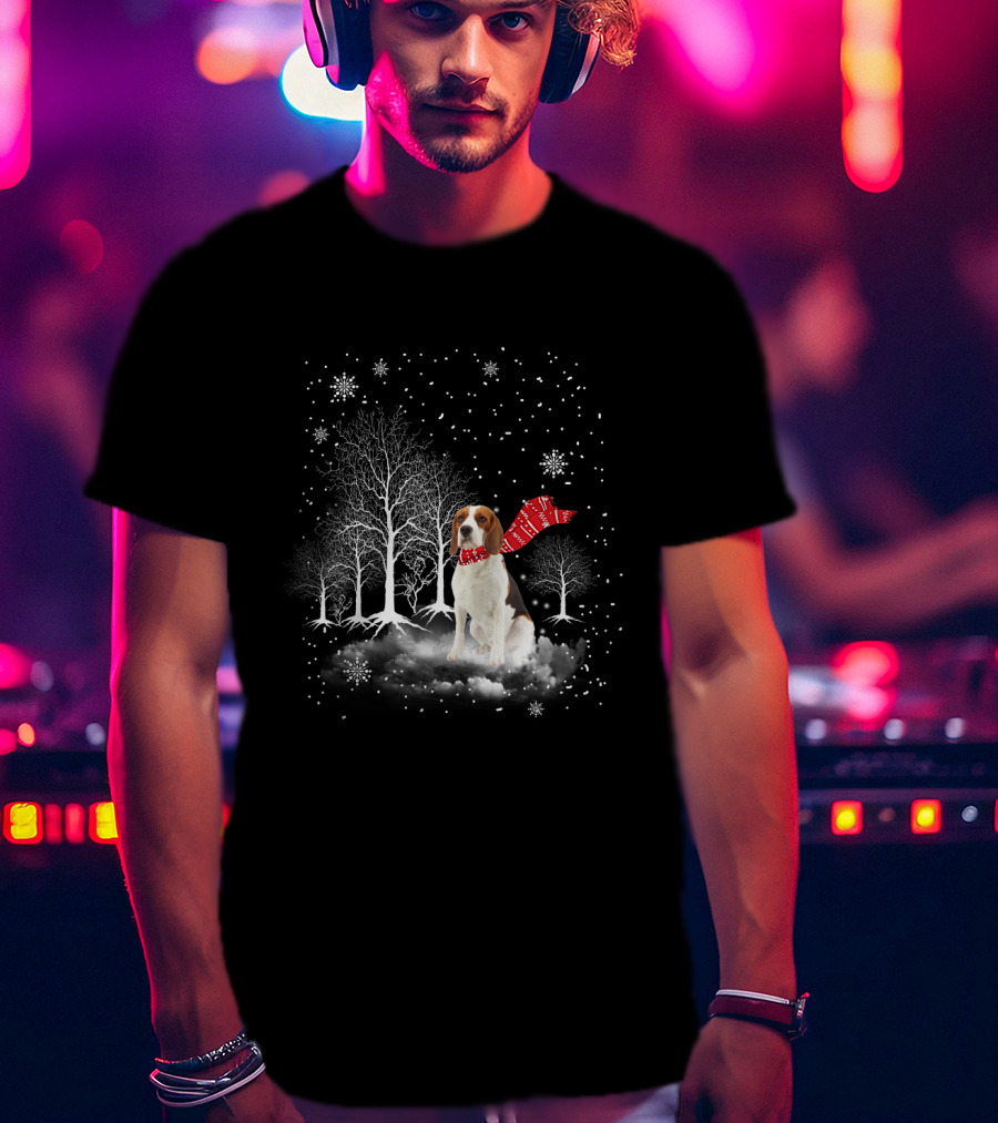 Basset Hound Winter Wonderland Snowy Trees Red Scarf T-Shirt