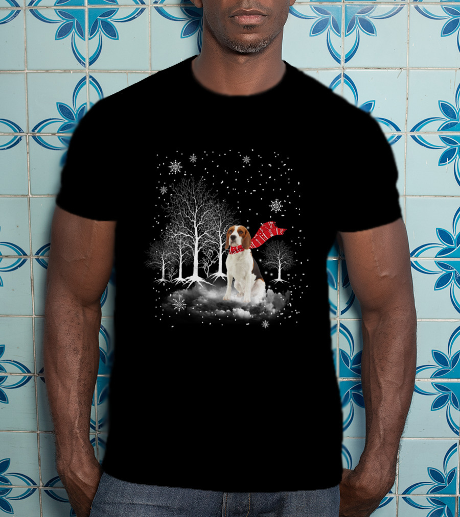 Basset Hound Winter Wonderland Snowy Trees Red Scarf T-Shirt