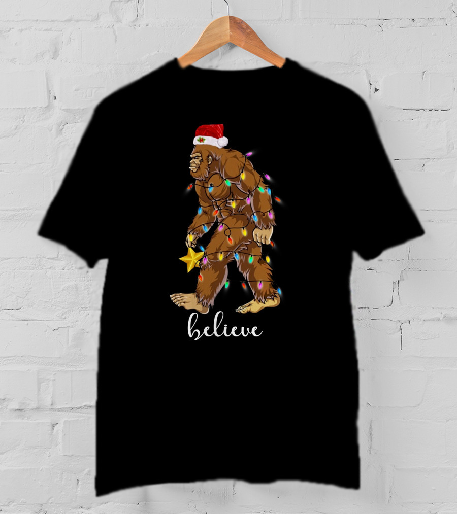 Bigfoot Christmas Lights Believe With Santa Hat And Star T-Shirt