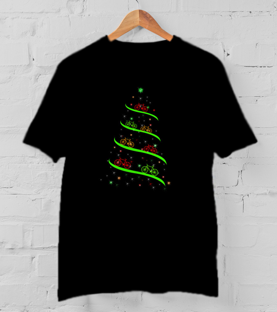 Bicycle Holiday Tree Lights With Red Green Yellow Bikes And Stars T-Shirt