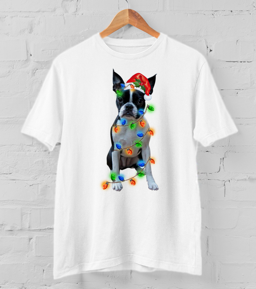 Boston Terrier With Christmas Lights And Santa Hat T-Shirt