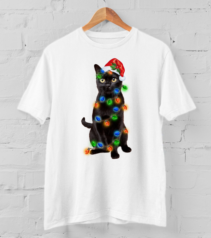 Santa Hat Black Cat Wrapped In Colorful Christmas Lights T-Shirt