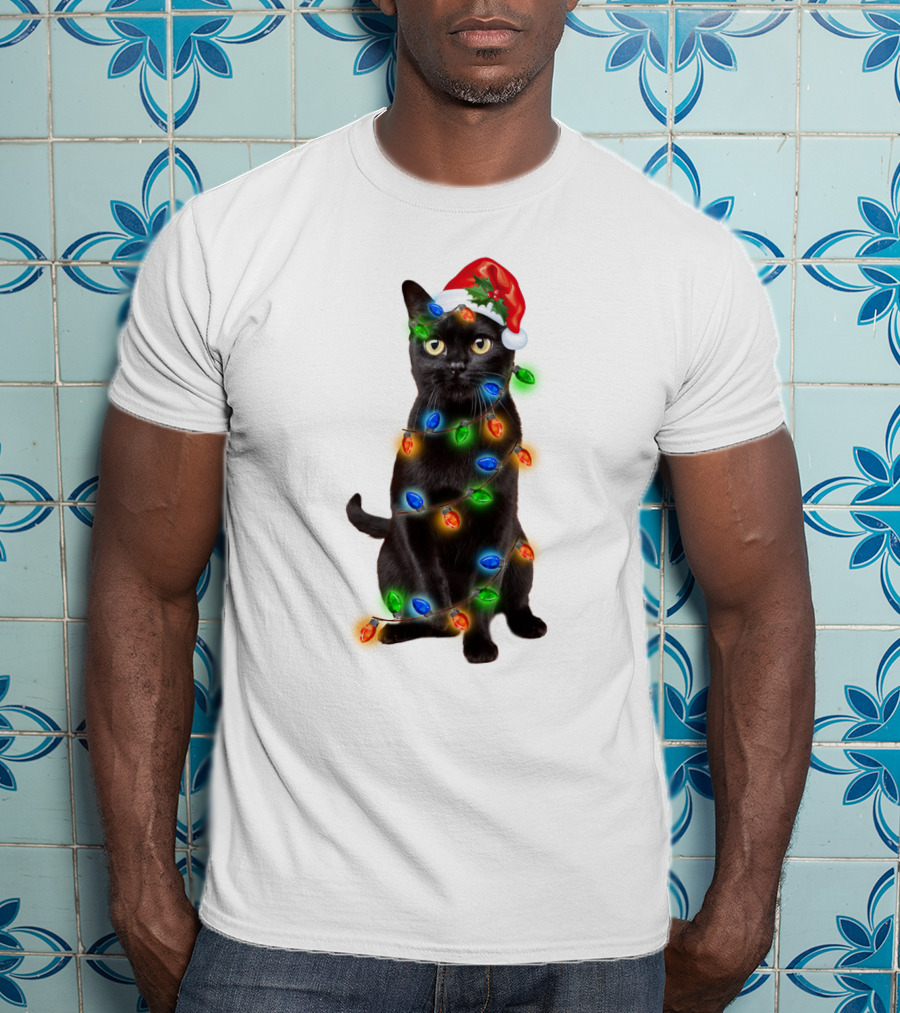 Santa Hat Black Cat Wrapped In Colorful Christmas Lights T-Shirt