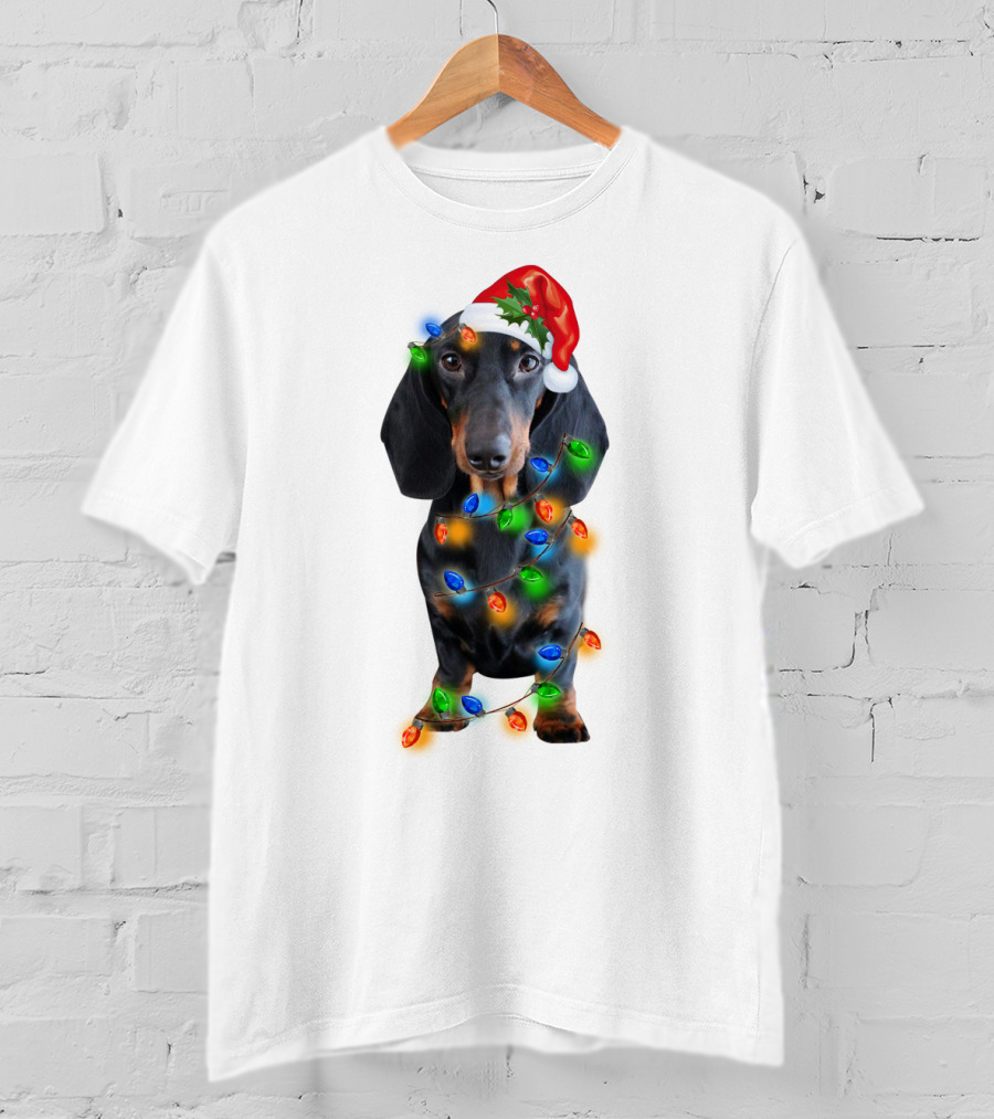 Black Dachshund Wearing Santa Hat And Wrapped In Christmas Lights T-Shirt