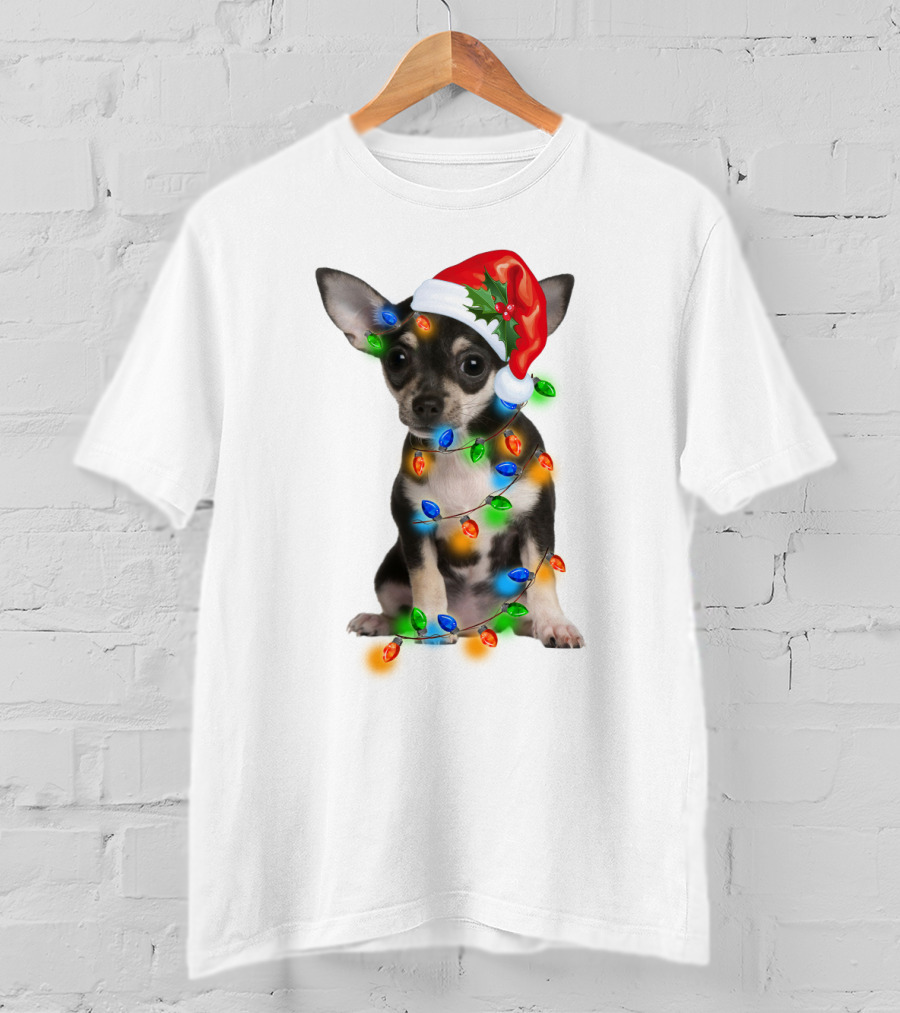 Black Chihuahua Wearing Santa Hat Wrapped In Colorful Christmas Lights T-Shirt