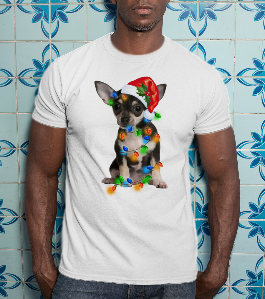 Black Chihuahua Wearing Santa Hat Wrapped In Colorful Christmas Lights T-Shirt