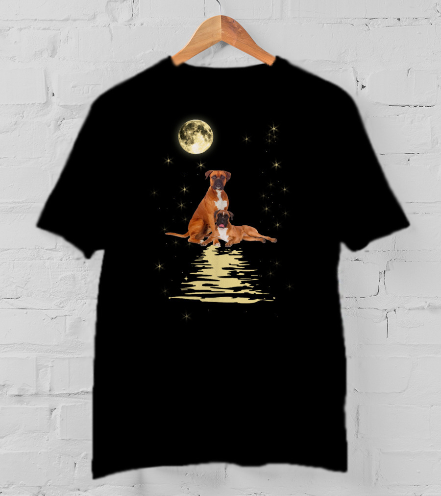 Boxer Dog Under Starry Sky Moonlit Reflection T-Shirt