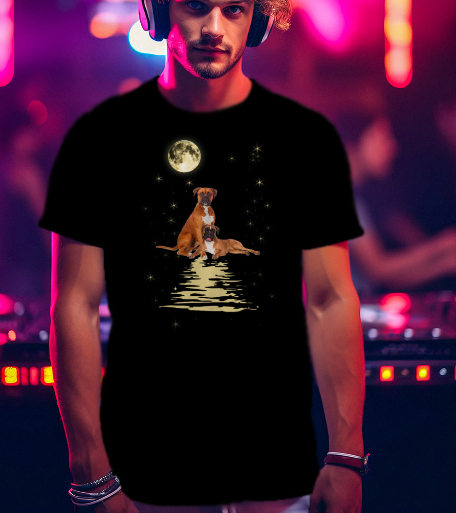 Boxer Dog Under Starry Sky Moonlit Reflection T-Shirt