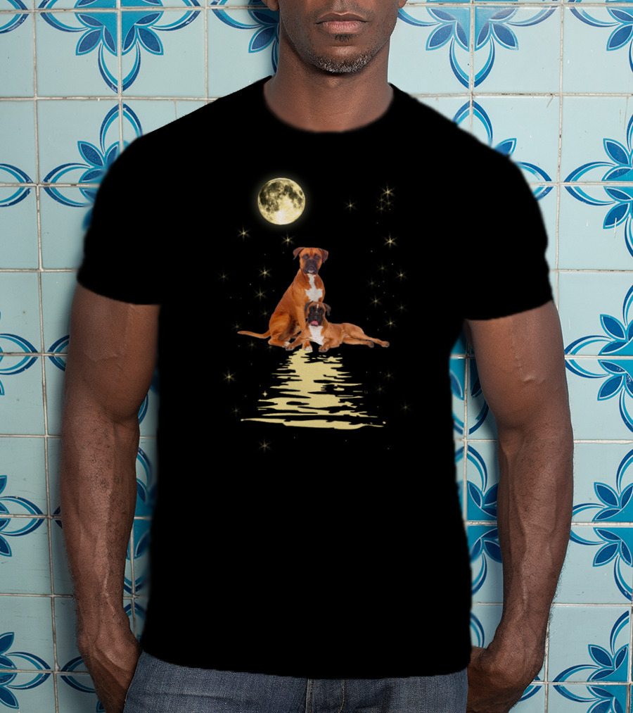 Boxer Dog Under Starry Sky Moonlit Reflection T-Shirt