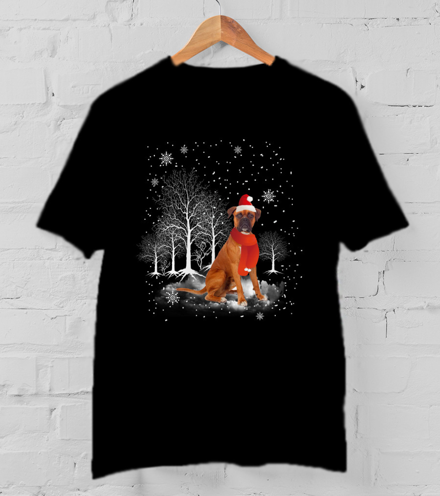 Boxer Dog With Santa Hat And Scarf In Snowy Winter Wonderland Scene T-Shirt