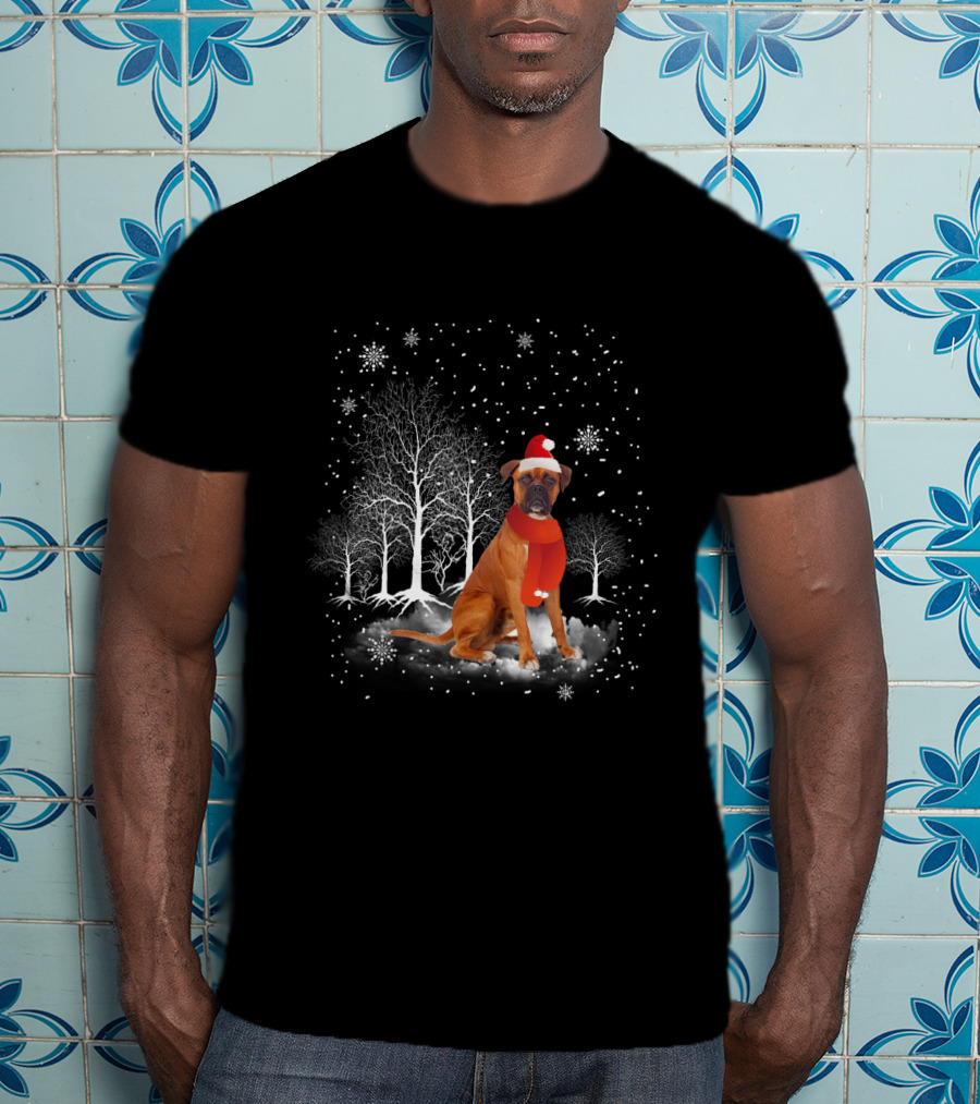 Boxer Dog With Santa Hat And Scarf In Snowy Winter Wonderland Scene T-Shirt