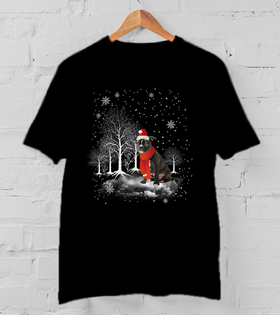 Boston Terrier In Snowy Winter Wonderland With Santa Hat And Scarf T-Shirt